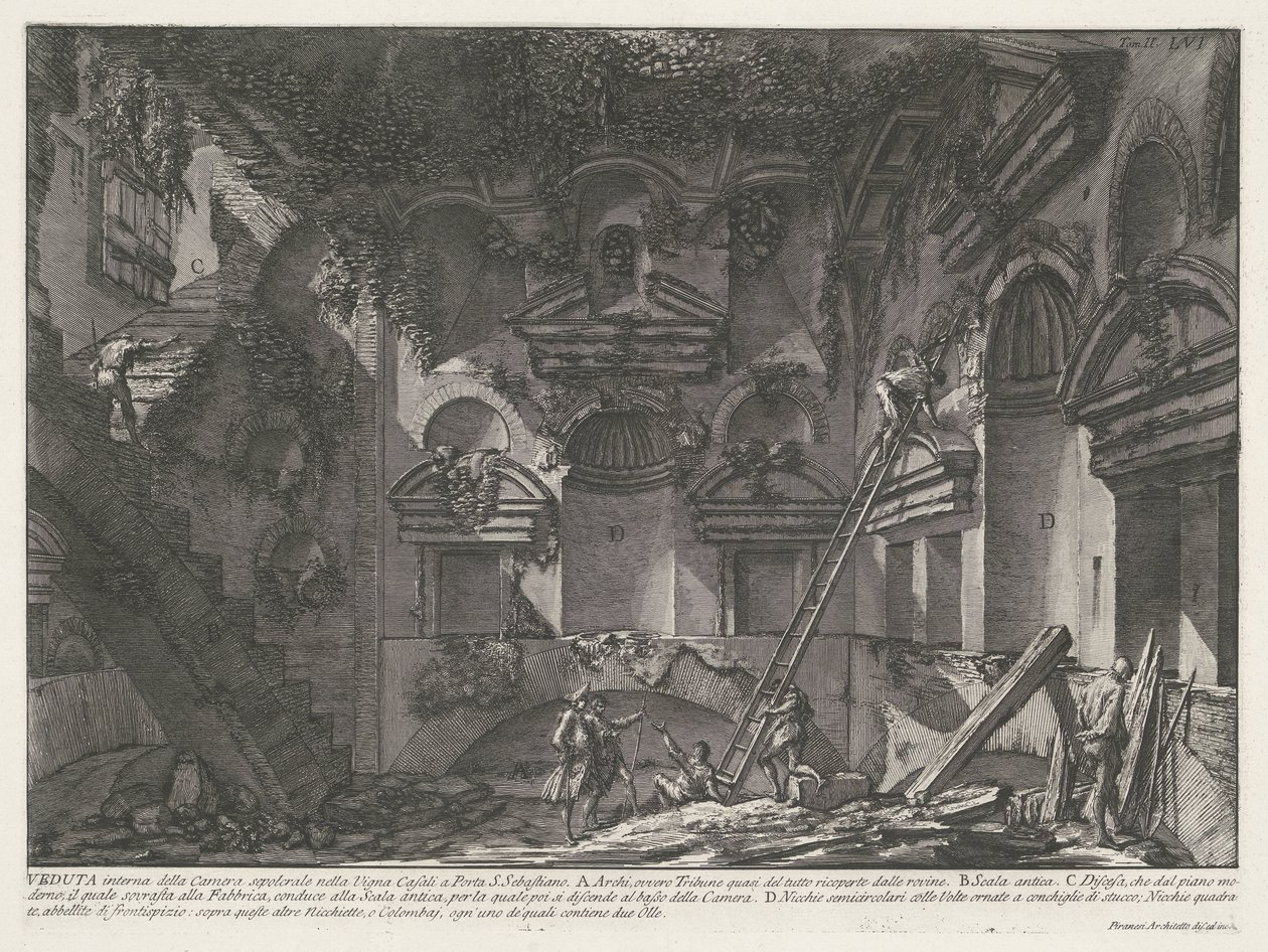 Interieur van graftombe bij Vigna Casali Interiørbilde av gravkammeret i Vigna Casali ved Porta S. Sebastiano (tittel på objekt) Archeologische vondsten in en rond Roma (serietittel) Roman Antiquities (serietittel) av Giovanni Battista Piranesi