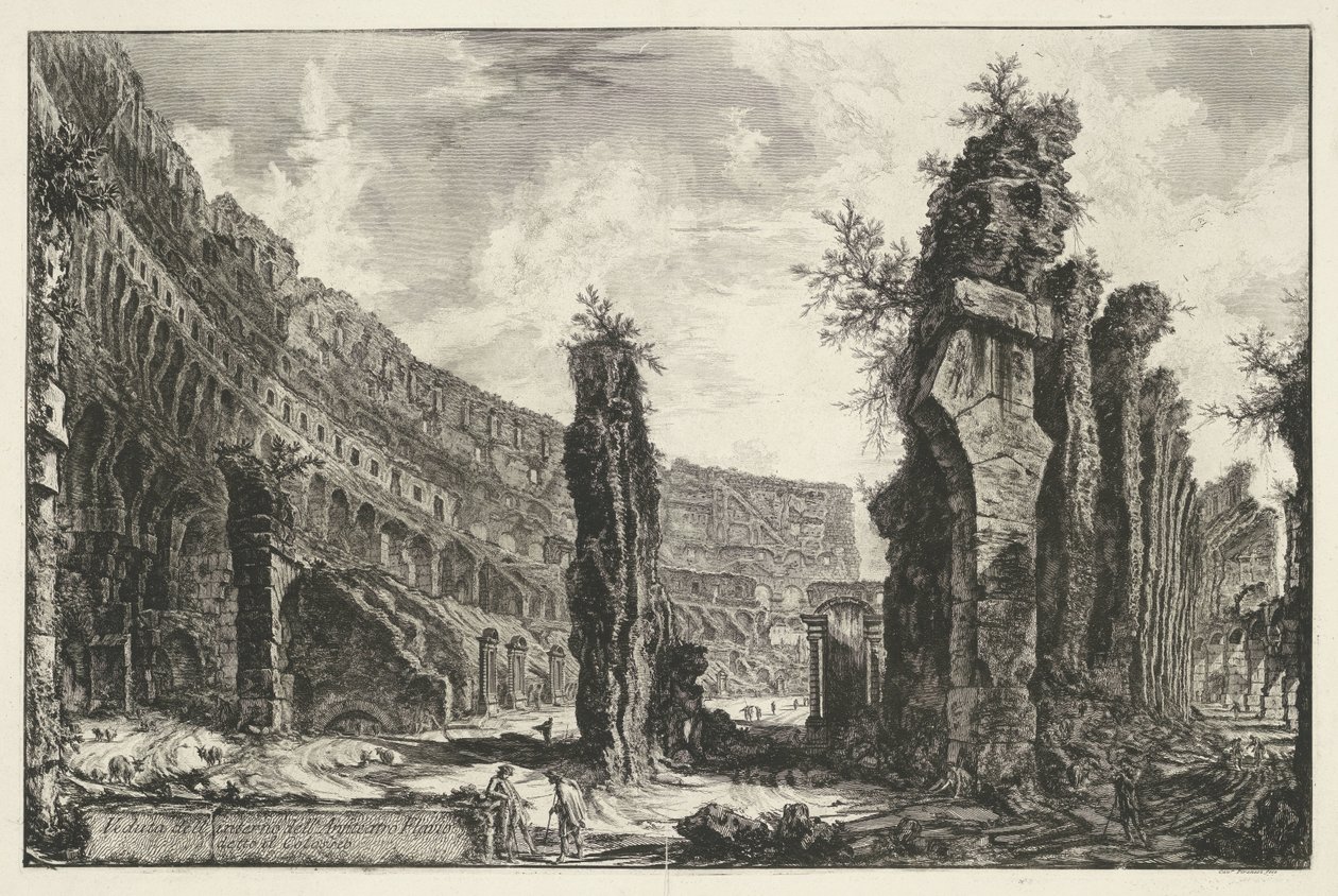 Interieur av Colosseum te Roma Utsikt over det indre av Flavian Amphitheatre kjent som Colosseum (tittel på objekt) Gezichten op Roma (serietittel) Utsikt over Roma designet og gravert av Giambattista Piranesi-arkitekten Ve (nez) iano (serietittel) av Giovanni Battista Piranesi