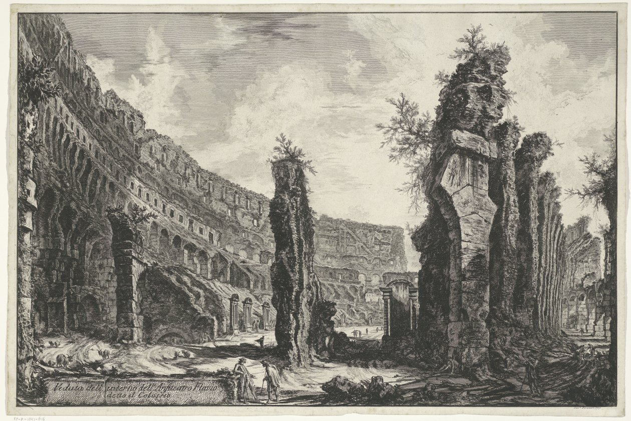 Interieur av Colosseum te Roma Utsikt over det indre av Flavian Amphitheatre kjent som Colosseum (tittel på objekt) Gezichten op Roma (serietittel) Utsikt over Roma designet og gravert av Giambattista Piranesi-arkitekten Ve (nez) iano (serietittel) av Giovanni Battista Piranesi