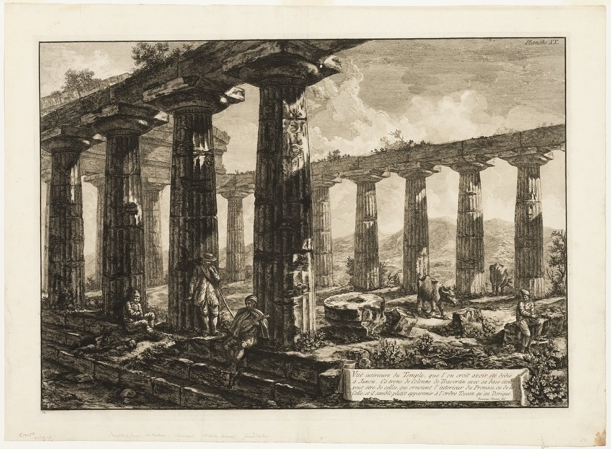 Innvendig utsikt over tempelet som antas å ha vært dedikert til Juno, fra forskjellige utsikter over Paestum av Giovanni Battista Piranesi