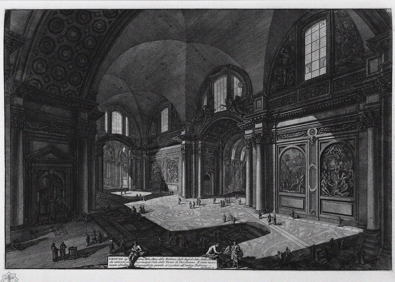 Interiør av basilikaen Santa Maria degli Angeli tidligere bad av Diokletian, mellom 1765 og 1775 av Giovanni Battista Piranesi