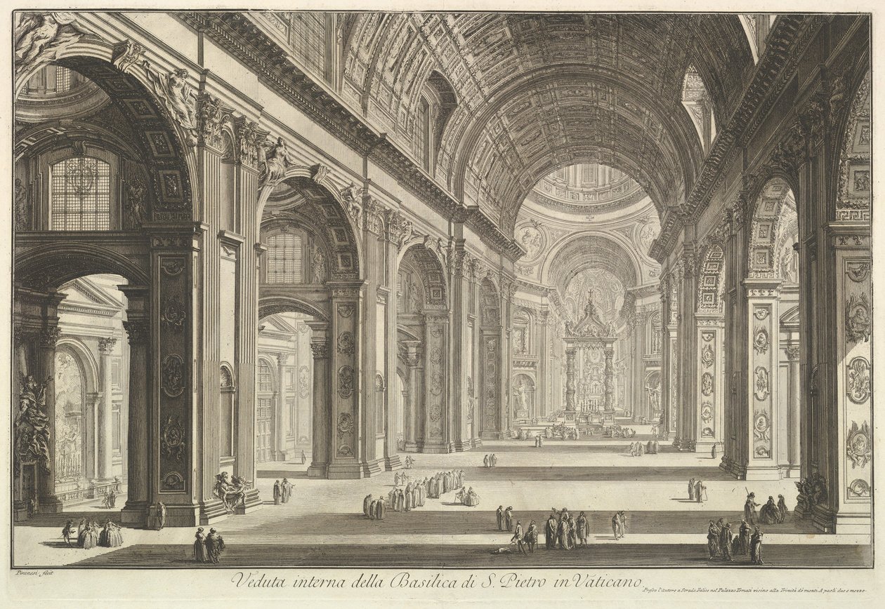 Interiørutsikt over Peterskirken i Vatikanet, fra «Vedute di Roma» (Romerske utsikter) av Giovanni Battista Piranesi