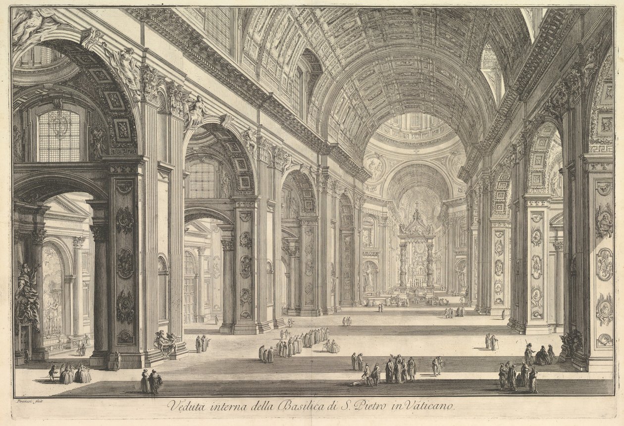 Innvendig utsikt over St. Peters-basilikaen i Vatikanet, fra Vedute di Roma Roman Views, ca. 1748. av Giovanni Battista Piranesi