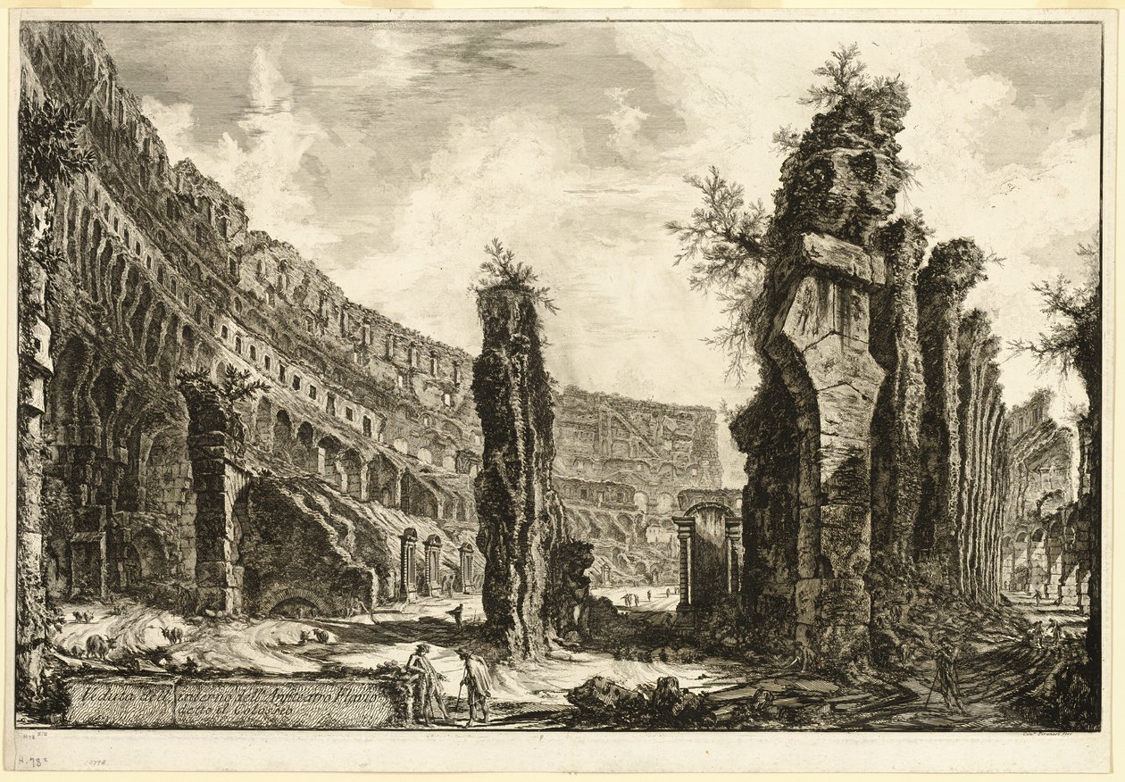 Innvendig utsikt over det flaviske amfiteateret, kalt Colosseum, fra utsikt over Roma av Giovanni Battista Piranesi