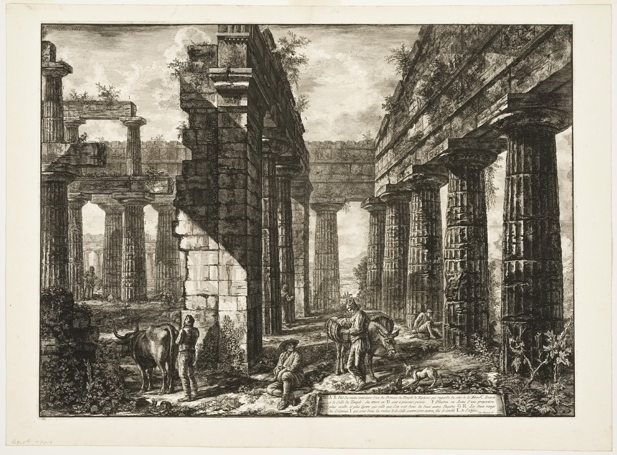Innvendig visning av restene av en av pronaoiene til Temple of Neptun som vender mot innlandet, fra forskjellige utsikter over Paestum av Giovanni Battista Piranesi