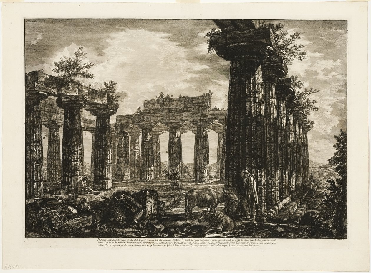 Innvendig visning av det såkalte College des Anfictions, fra Forskjellige utsikter over Paestum av Giovanni Battista Piranesi