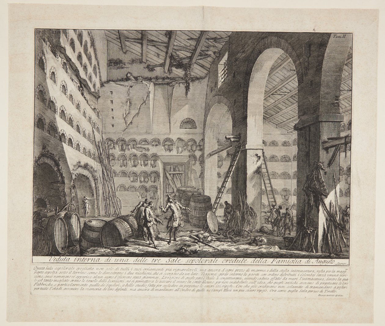 Innvendig visning av tre store gravkamre som antas å tilhøre Augustus husholdning av Giovanni Battista Piranesi