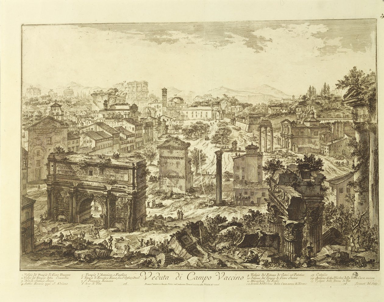 Italia, Roma, utsikt over Campo Vaccino (Forum Romanum) med Septimius Severus bue (gravering) av Giovanni Battista Piranesi