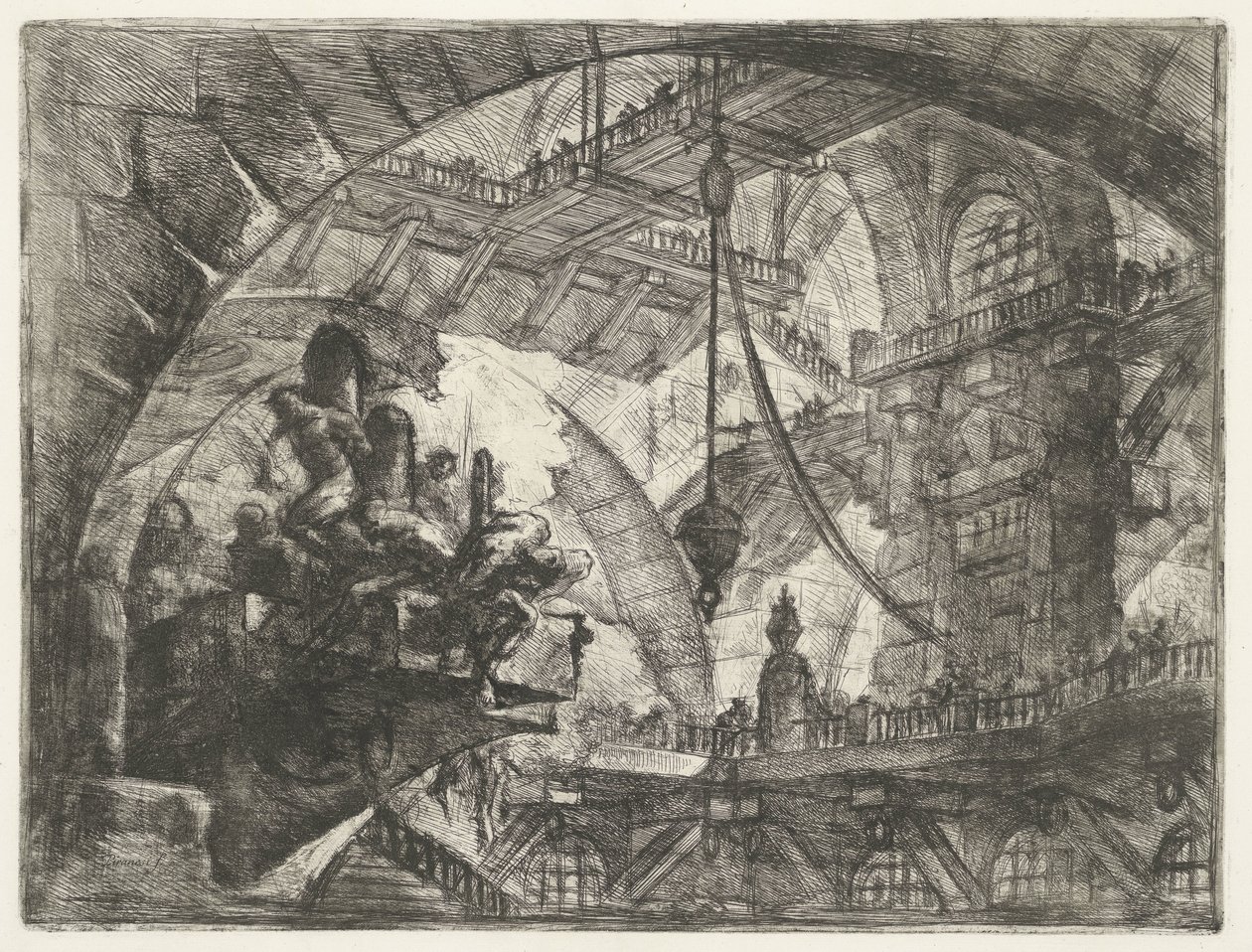 Fangehull med fanger på utstående plattform Dungeons (serietittel) Invenzioni Capric di Carceri all Acqua Forte (serietittel) av Giovanni Battista Piranesi