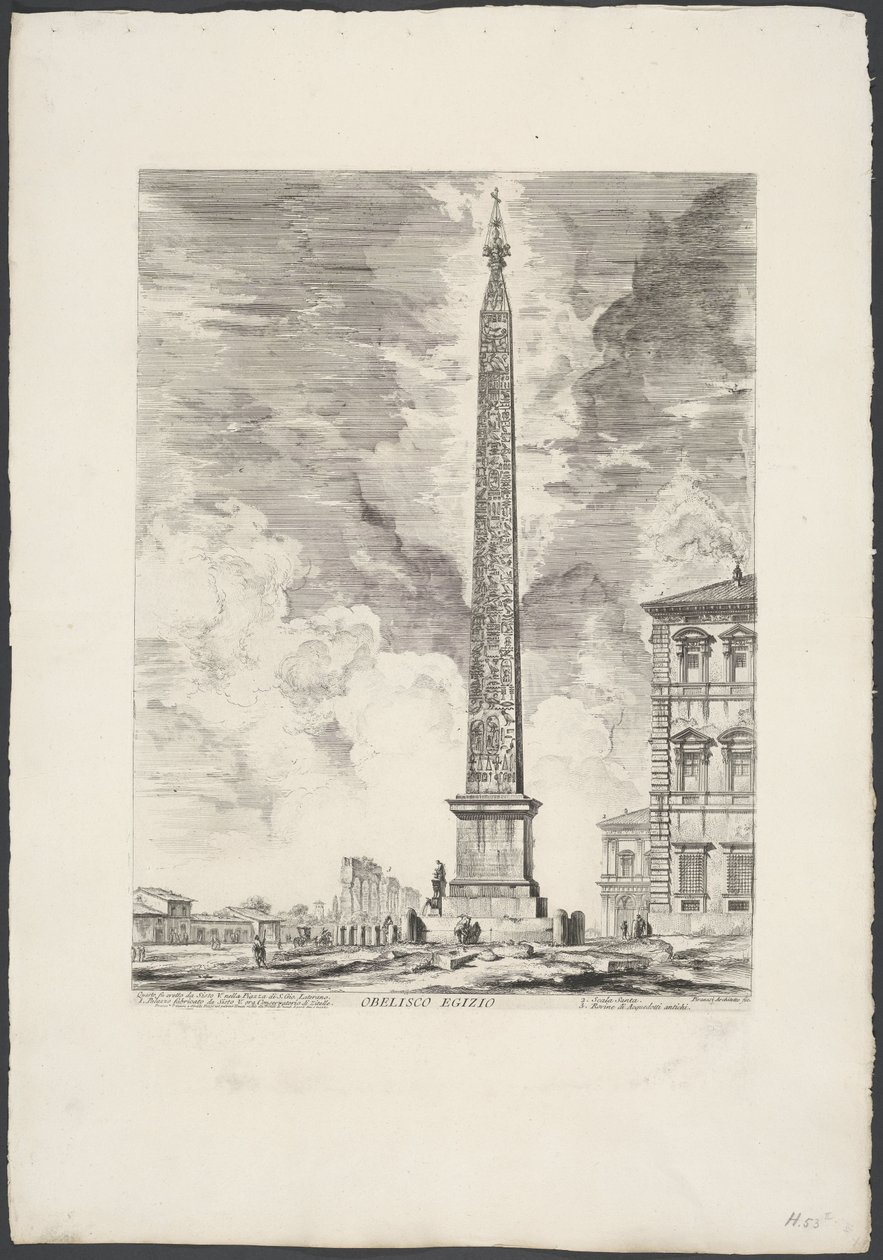 Lateraanse Obelisk i Roma Egyptisk Obelisk (tittel på objekt) Gezichten op Roma (serietittel) Utsikt over Roma designet og gravert av Giambattista Piranesi-arkitekten Ve (nez) iano (serietittel) av Giovanni Battista Piranesi