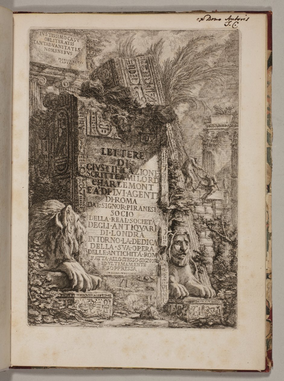 Rettferdiggjøringsbrev skrevet til Milord Charlemont og hans agenter i Roma ... rundt innvielsen av hans verk av Rom Antiquities [ane] gjort til samme herre og nylig undertrykt av Giovanni Battista Piranesi