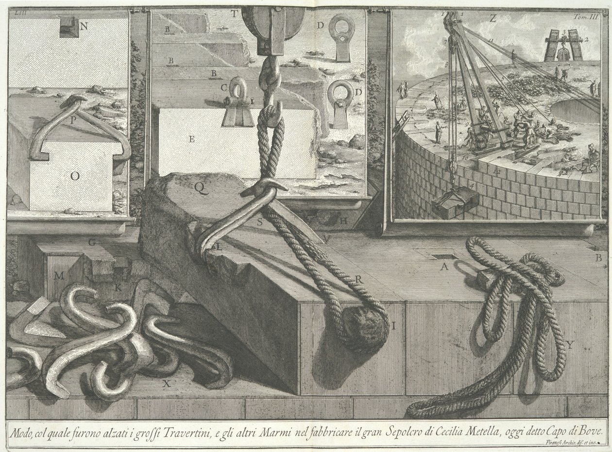 Midler hvorved de store blokkene av travertin og marmor ble løftet..., 1756-57. av Giovanni Battista Piranesi