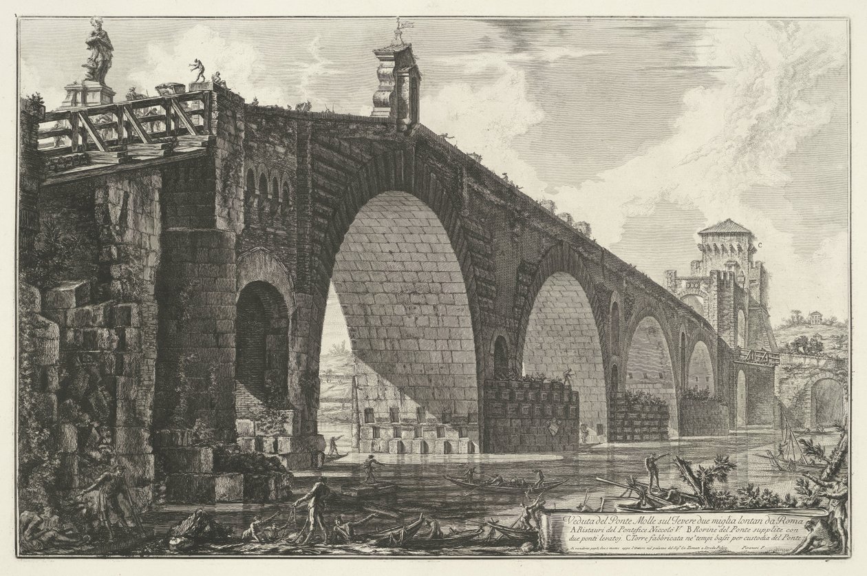Milvische brug te Rome Veduta del Ponte Molle sul Tevere due miglia lontan da Roma (title on object) Gezichten op Rome (series title) Vedute di Roma disegnate ed incise da Giambattista Piranesi architetto Ve(nez)iano (series title)   1360546   no       nor av Giovanni Battista Piranesi