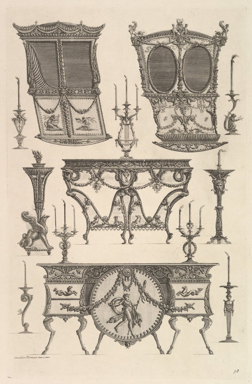 Diverse møbler inkludert to sedanstoler, et sidebord og en commode Deux c..., ca. 1769. av Giovanni Battista Piranesi