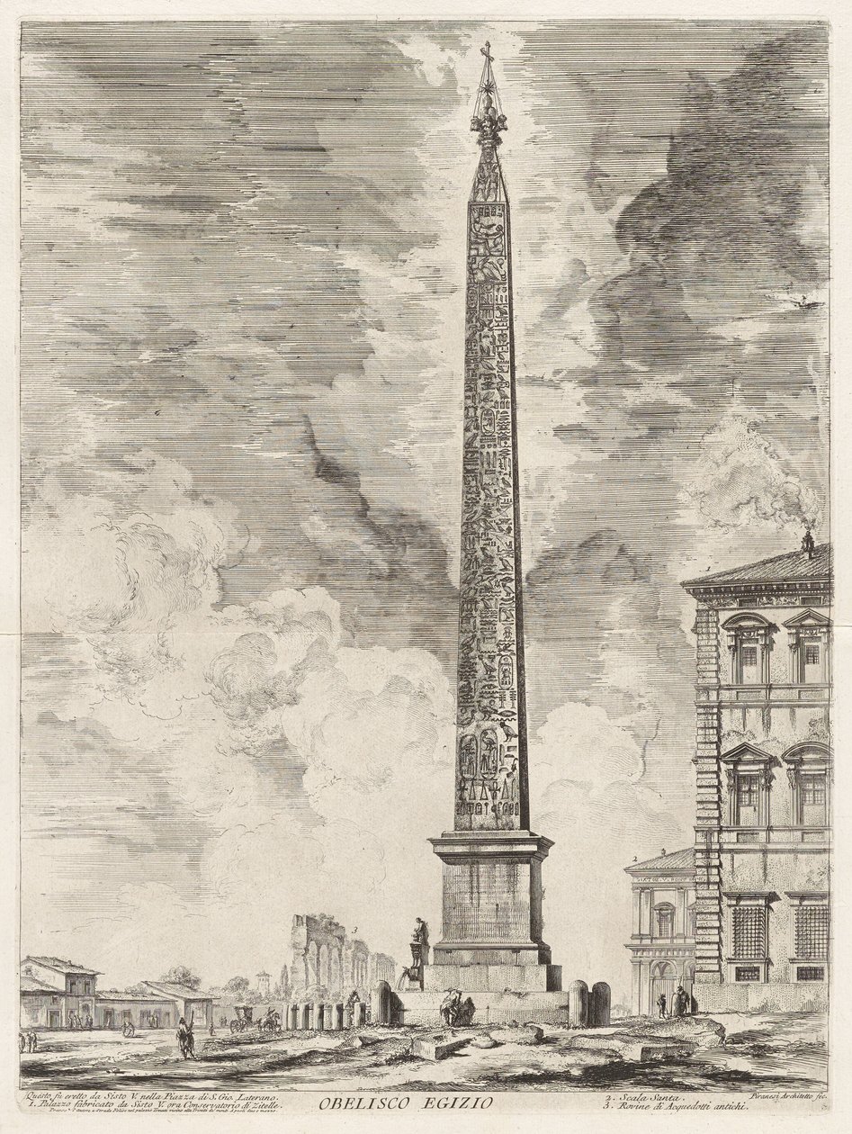 Egyptisk obelisk. Denne ble reist av pave Sixtus V på Piazza di S. Gio. Laterano, fra Vedute di Roma (Utsikter over Roma) av Giovanni Battista Piranesi