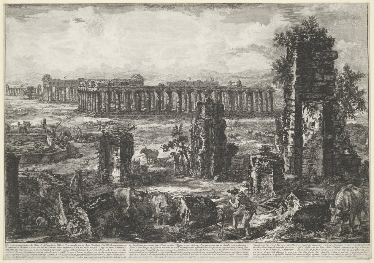 Gamle bymuren og templene ved Paestum Vue de ce qui reste encore des Murs A. de l