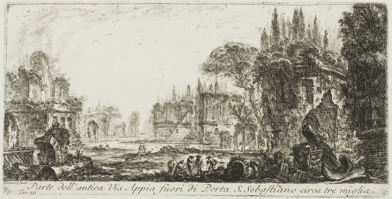 En del av den gamle Appian Way omtrent tre mil utenfor Porta S. Sebastiano, plate 19 fra Some Views of Triumphal Arches og andre monumenter av Giovanni Battista Piranesi
