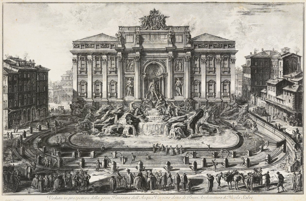 Perspektivisk utsikt over den store fontenen ved Acqua Vergine, kalt Trevifontenen av Giovanni Battista Piranesi