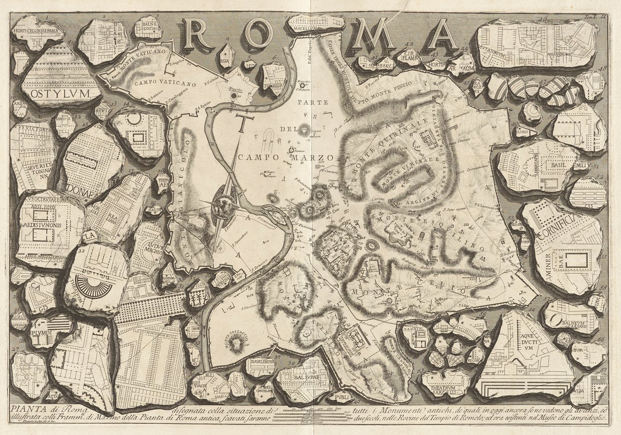 Plan av Roma tegnet med situasjonen for alle de gamle monumentene av Giovanni Battista Piranesi