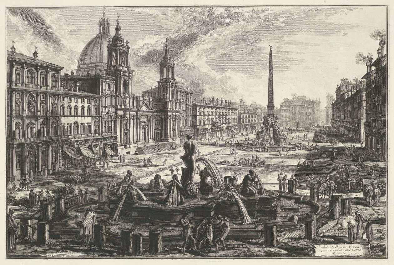 Piazza Navona te Roma Utsikt over Piazza Navona over ruinene av Agonal Circus (tittel på objekt) Gezichten op Roma (serietittel) Utsikt over Roma designet og gravert av Giambattista Piranesi-arkitekten Ve (nez) iano (serietittel) av Giovanni Battista Piranesi