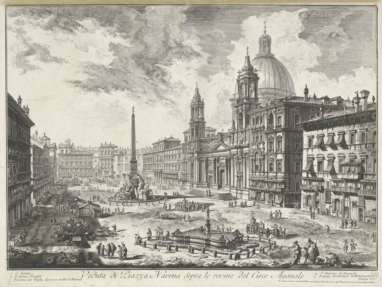 Piazza Navona te Roma Utsikt over Piazza Navona over ruinene av Agonal Circus (tittel på objekt) Gezichten op Roma (serietittel) Utsikt over Roma designet og gravert av Giambattista Piranesi-arkitekten Ve (nez) iano (serietittel) av Giovanni Battista Piranesi