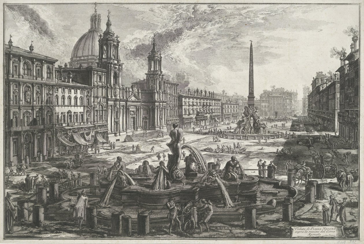 Piazza Navona te Roma Utsikt over Piazza Navona over ruinene av Agonale Circus (tittel på objekt) Gezichten op Roma (serietittel) Utsikt over Roma tegnet og gravert av Giambattista Piranesi Ve(nez)iano arkitekt (serietittel) av Giovanni Battista Piranesi
