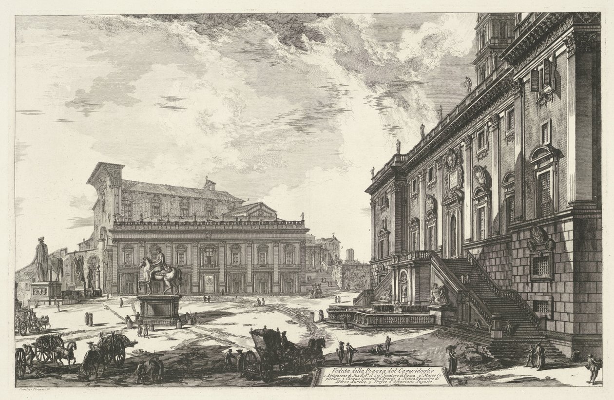 Piazza del Campidoglio i Roma Utsikt over Piazza del Campidoglio (tittel på objekt) Gezichten op Roma (serietittel) Utsikt over Roma designet og gravert av Giambattista Piranesi-arkitekten Ve (nez) iano (serietittel) av Giovanni Battista Piranesi