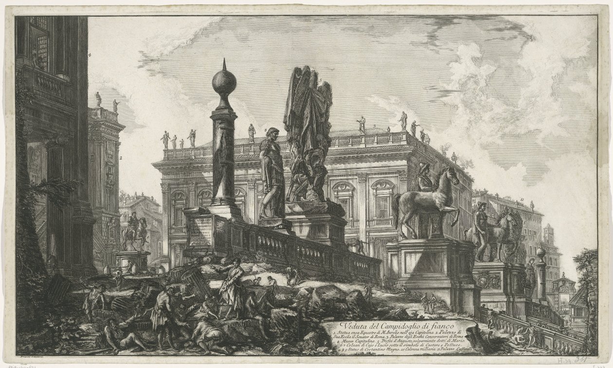 Capitol Square van links sett Utsikt over Capitol på siden (tittel på objekt) Gezichten op Roma (serietittel) Utsikt over Roma designet og gravert av Giambattista Piranesi-arkitekten Ve (nez) iano (serietittel) av Giovanni Battista Piranesi