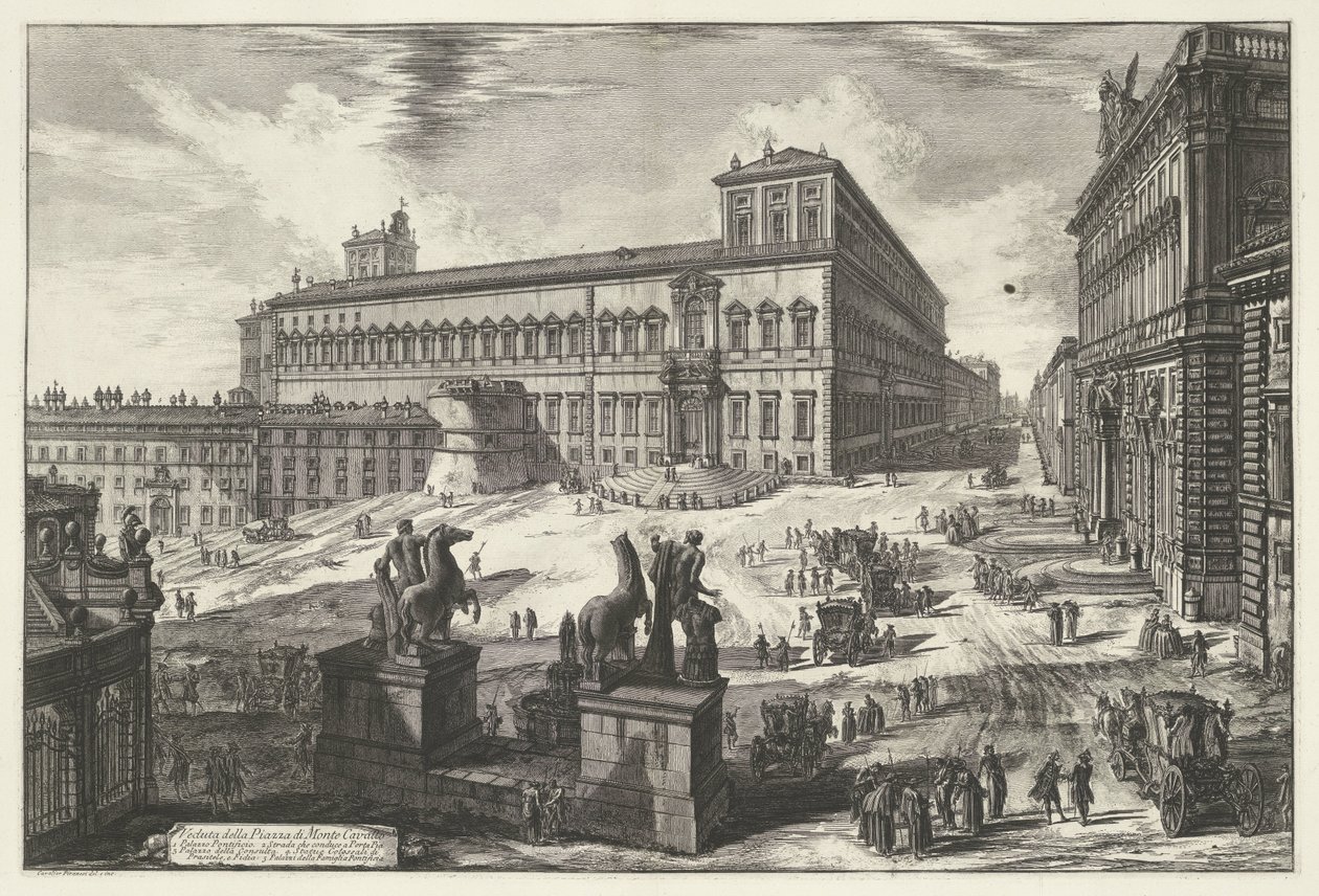 Piazza del Quirinale te Roma Utsikt over Piazza di Monte Cavallo (tittel på objekt) Gezichten op Roma (serietittel) Utsikt over Roma designet og gravert av Giambattista Piranesi-arkitekten Ve (nez) iano (serietittel) av Giovanni Battista Piranesi