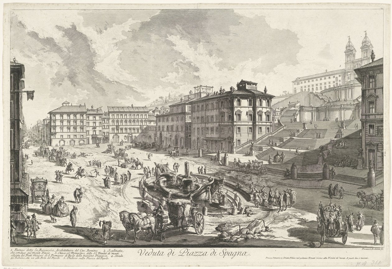 Piazza di Spagna te Roma Utsikt over Piazza di Spagna (tittel på objekt) Gezichten op Roma (serietittel) Utsikt over Roma tegnet og gravert av Giambattista Piranesi-arkitekten Ve(nez)iano (serietittel) av Giovanni Battista Piranesi
