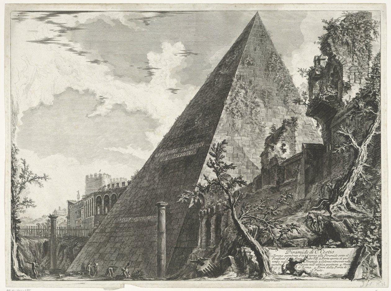 Piramide van Cestius i Roma Pyramide av C. Cestio (tittel på objekt) Gezichten op Roma (serietittel) Utsikt over Roma designet og gravert av Giambattista Piranesi-arkitekten Ve (nez) iano (serietittel) av Giovanni Battista Piranesi
