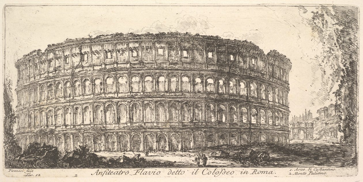 Plate 12: Flavisk amfiteater, kalt Colosseum. 1. Konstantins bue. 2. Palat..., ca. 1748. av Giovanni Battista Piranesi