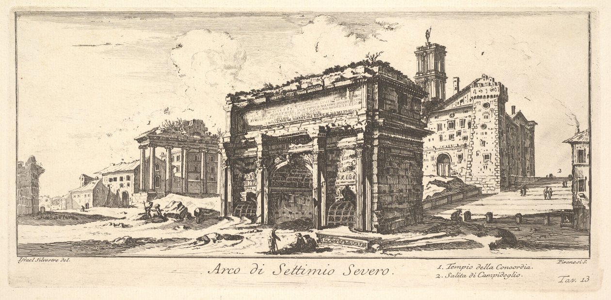 Plate 13: Buen til Septimius Severus 1. Konkordens tempel. 2. Oppstigning til Capitoline ..., ca. 1748. av Giovanni Battista Piranesi