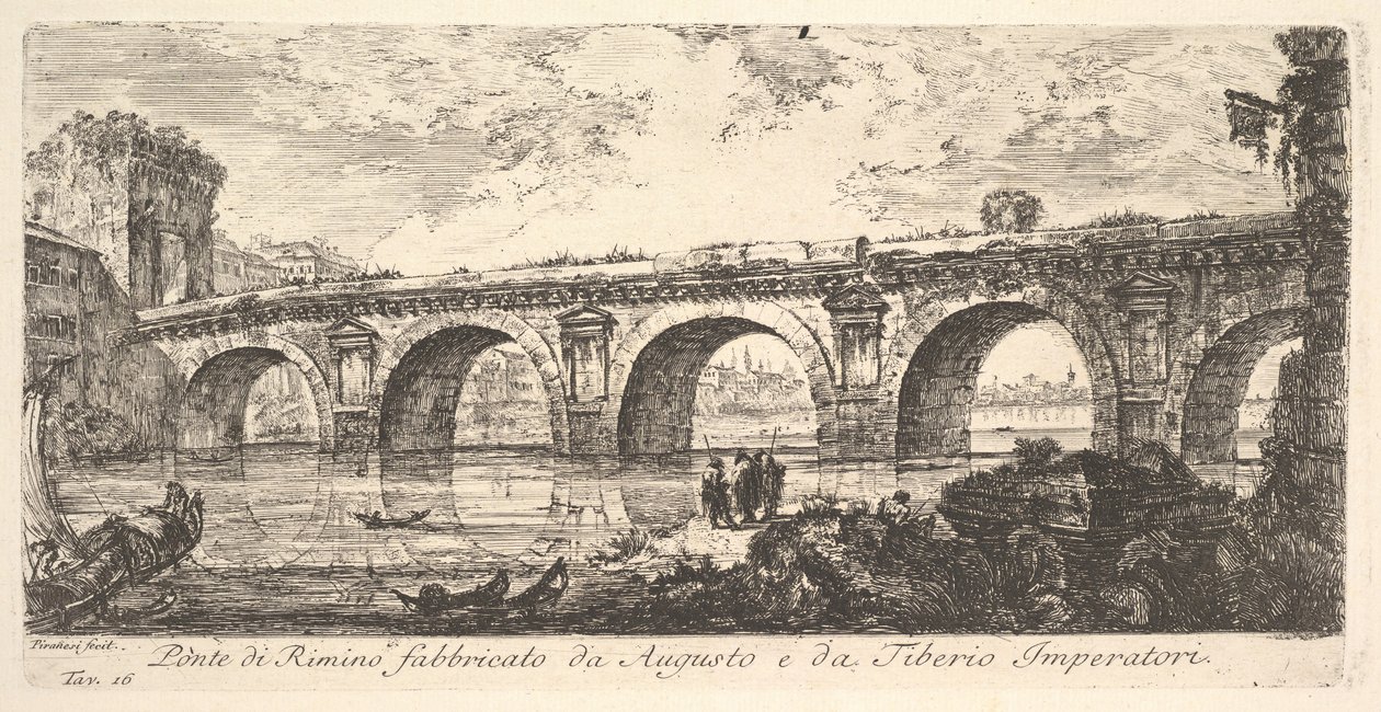Plate 16: Broen ved Rimini bygget av keiserne Augustus og Tiberius Ponte di R..., ca. 1748. av Giovanni Battista Piranesi