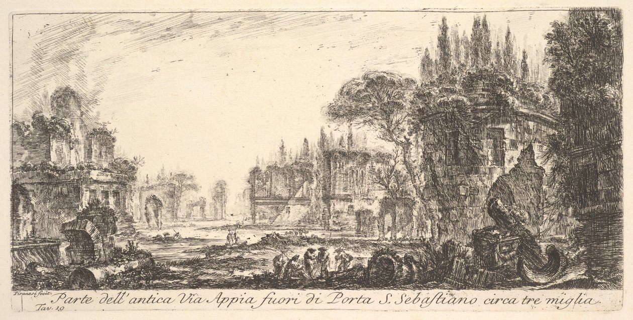 Plate 19: En del av den gamle Appia-veien omtrent tre mil utenfor Porta S. Sebastiano..., ca. 1748. av Giovanni Battista Piranesi
