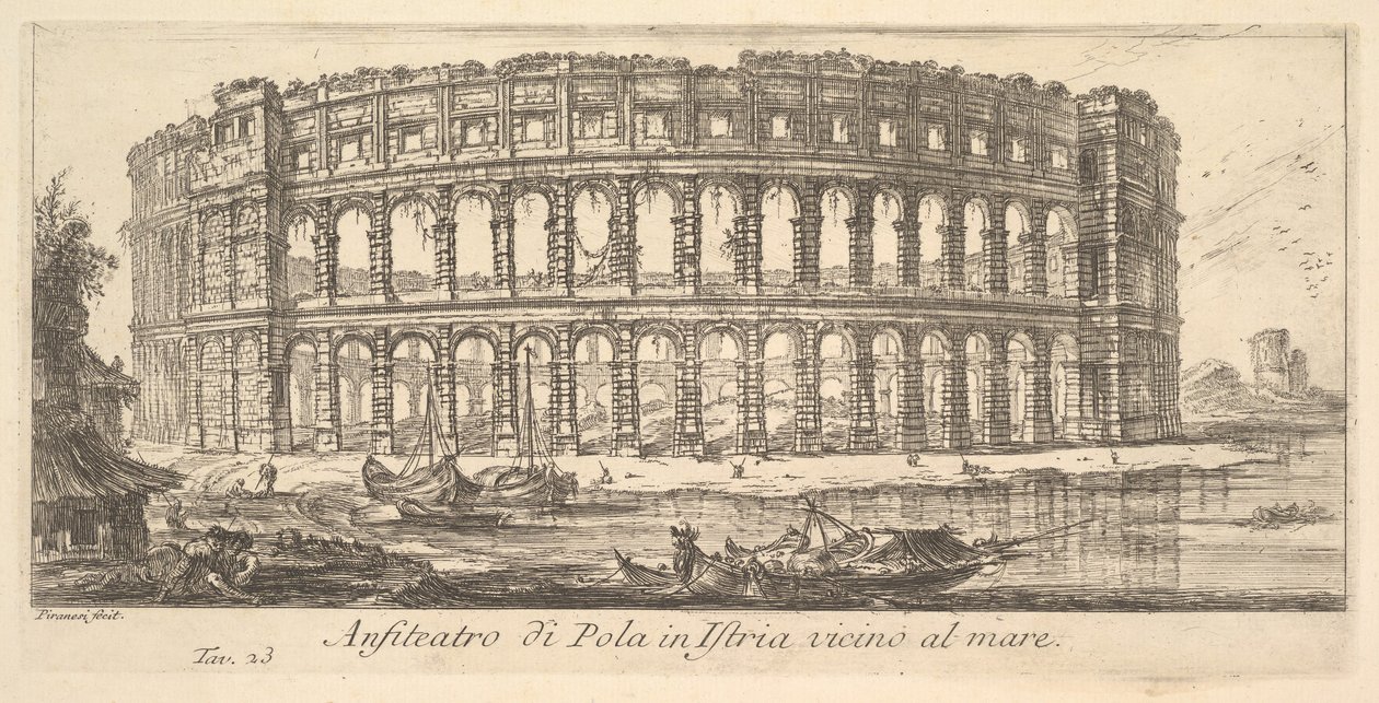 Plate 23: Amfiteateret i Pula i Istria nær sjøen Amfiteatret i Pula i Istria vi ..., ca. 1748. av Giovanni Battista Piranesi