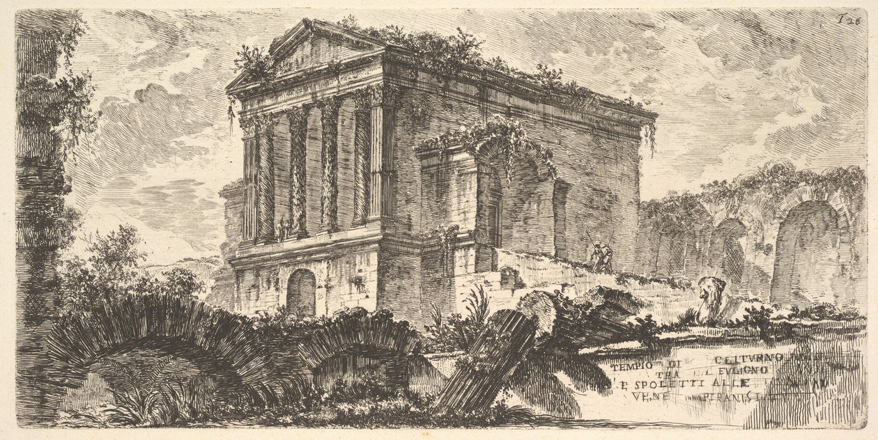 Tavle 26: Clitumnus-tempelet mellom Foligno og Spoleto, fra «Noen utsikter over triumfbuer og andre monumenter oppført av romerne, hvorav noen kan ses i Roma og andre i Italia» av Giovanni Battista Piranesi