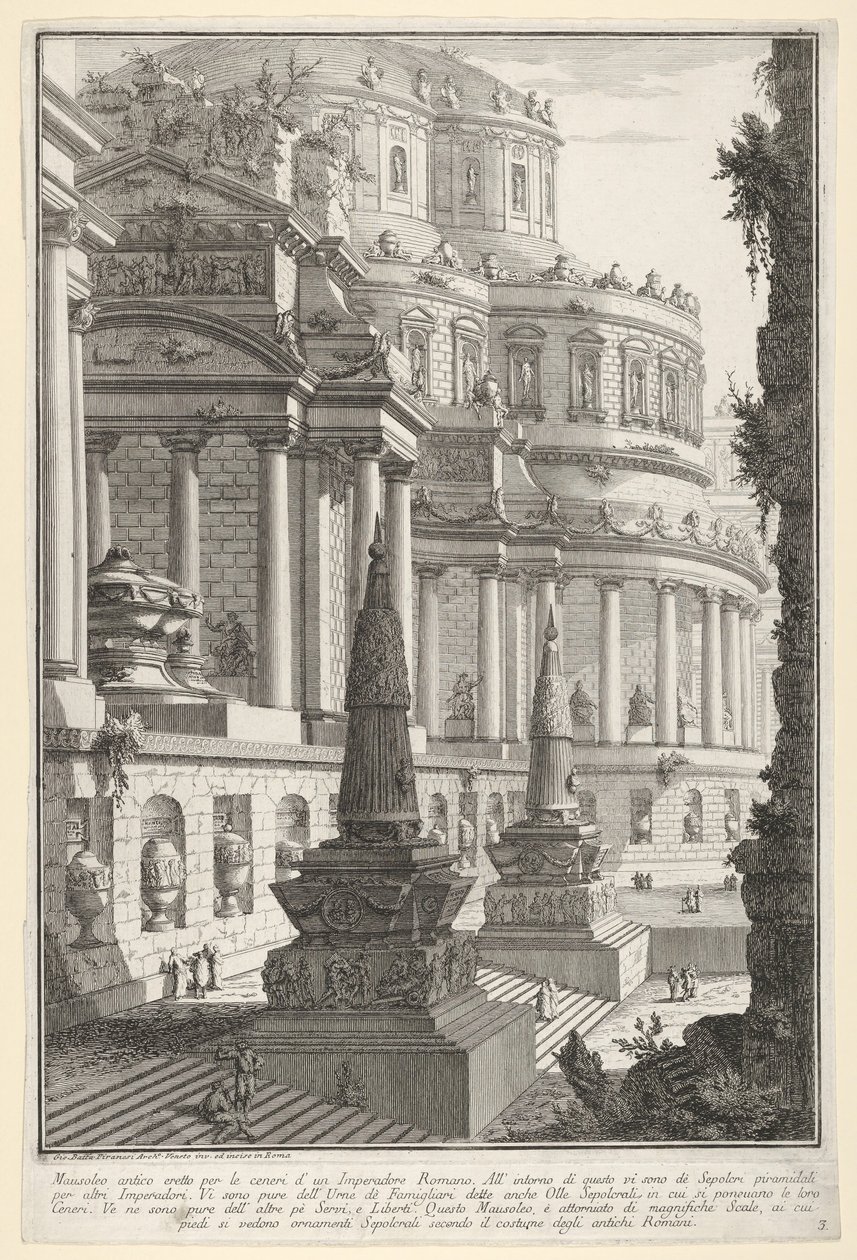 Plate 3: Gammelt mausoleum reist for asken til en romersk keiser Mausoleo antico ere..., 1743. av Giovanni Battista Piranesi