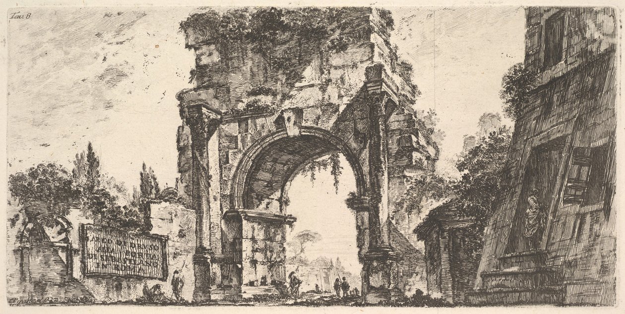 Plate 8: Drusus-buen ved Porta S. Sebastiano i Roma Arco di Drusus ved Porta d ..., ca. 1748. av Giovanni Battista Piranesi
