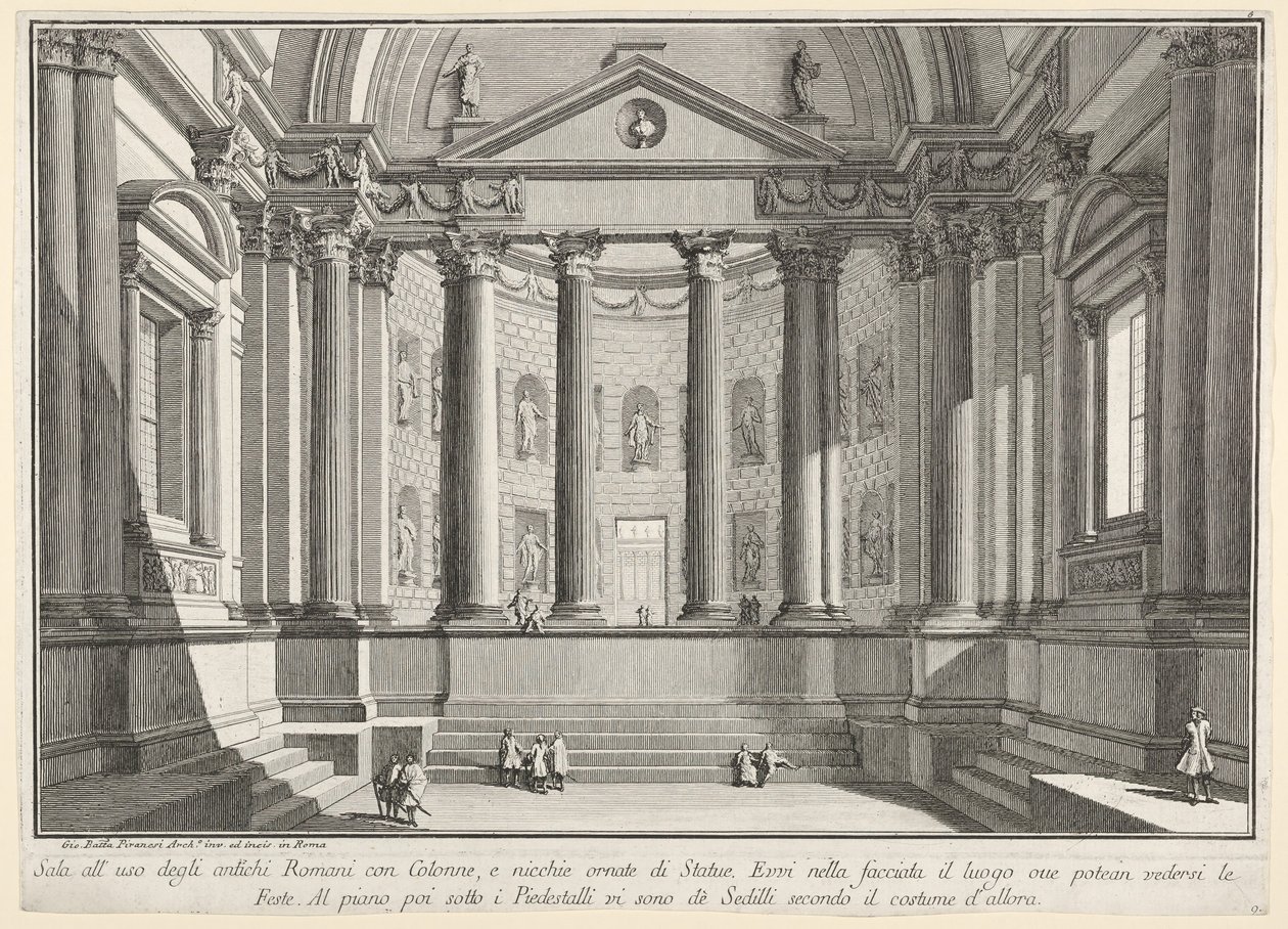 Plate 9: Søylehall etter skikken til de gamle romerne, og nisjer pryder..., 1743. av Giovanni Battista Piranesi