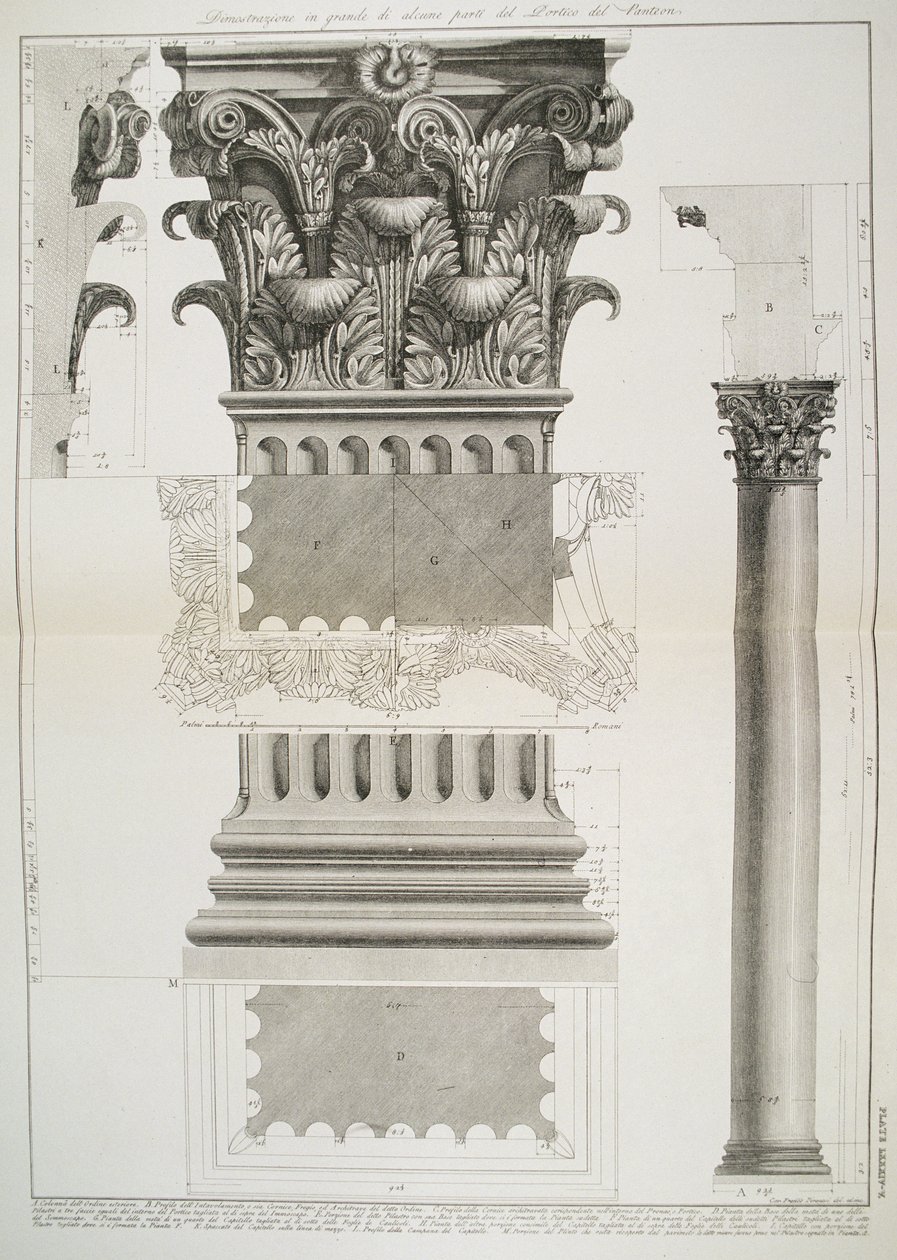 Plate LXXXIV-V Demonstrasjon i stor skala av en del av Portico of the Pantheon fra 'Vedute', først utgitt i 1756, pub. av E und FN Spon Ltd., 1900 av Giovanni Battista Piranesi