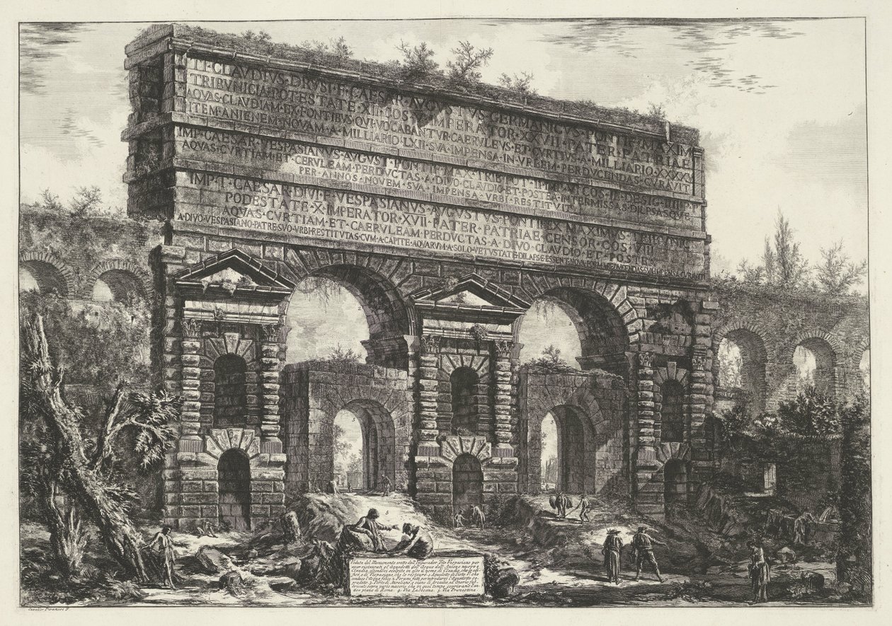 Porta Maggiore i Roma Utsikt over monumentet reist av keiser Titus Vespasian (...) (tittel på objekt) Gezichten op Roma (serietittel) Utsikt over Roma designet og gravert av Giambattista Piranesi-arkitekten Ve (nez) iano (serietittel) av Giovanni Battista Piranesi