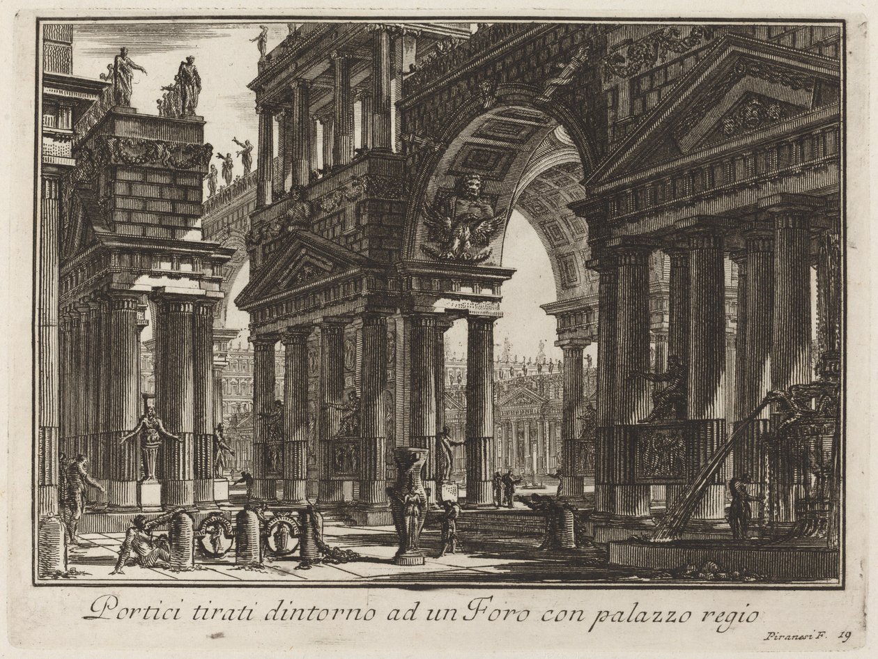 Portikoer tegnet rundt et forum med et kongelig palass av Giovanni Battista Piranesi