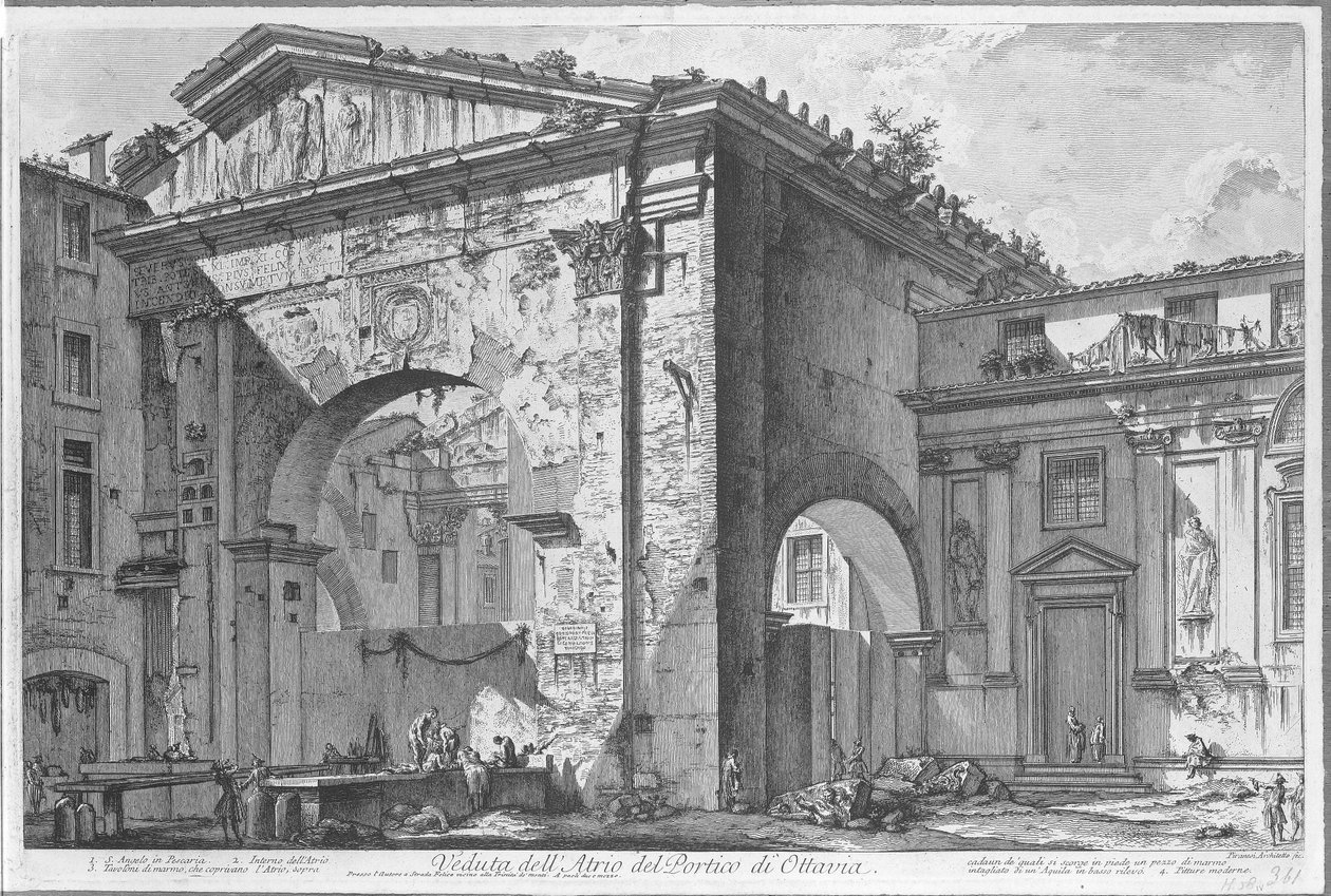 Porticus van Octavia te Roma Utsikt over Atrium av Portico of Octavia (tittel på objekt) Gezichten op Roma (serietittel) Utsikt over Roma tegnet og gravert av Giambattista Piranesi Ve(nez)iano arkitekt (serietittel) av Giovanni Battista Piranesi