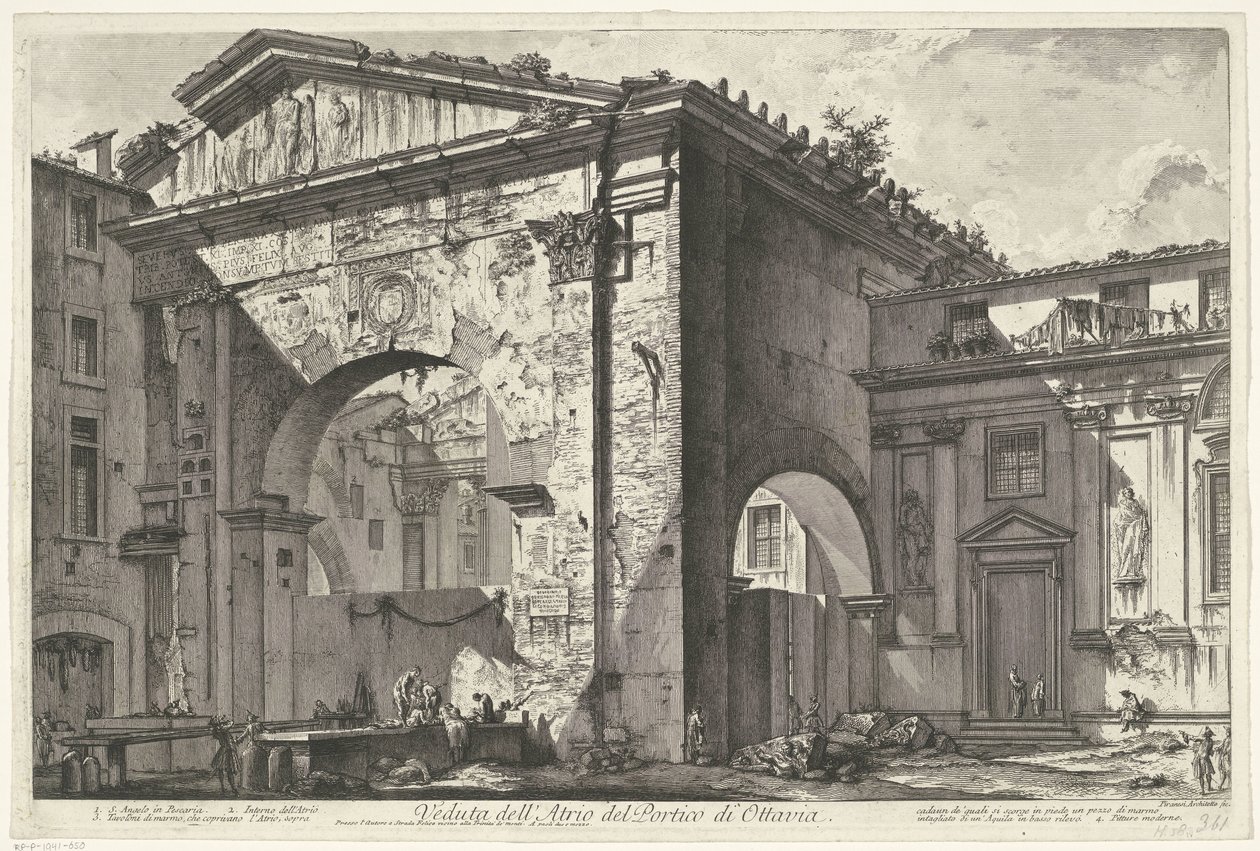 Porticus van Octavia i Roma Utsikt over Atrium av Portico of Octavia (tittel på objekt) Gezichten op Roma (serietittel) Utsikt over Roma designet og gravert av Giambattista Piranesi-arkitekten Ve (nez) iano (serietittel) av Giovanni Battista Piranesi