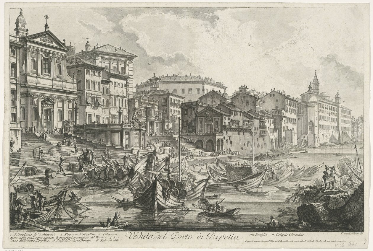 Havnen i Ripetta te Roma Utsikt over havnen i Ripetta (tittel på objekt) Gezichten op Roma (serietittel) Utsikt over Roma designet og gravert av Giambattista Piranesi-arkitekten Ve (nez) iano (serietittel) av Giovanni Battista Piranesi