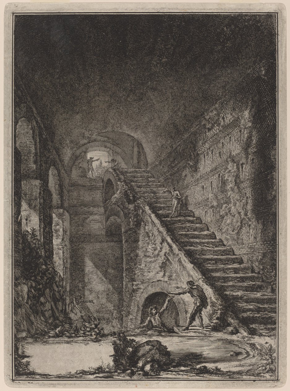 Perspektiv av trappen til vannbeskyttelsen til de nevnte husene, nevnt i plan i plate XIII med lett. G. av Giovanni Battista Piranesi