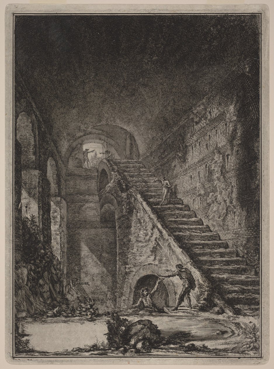Perspektiv av trappen til vannreservoaret ved de allerede nevnte boligene, angitt på planen i tavle XIII med bokstaven G. av Giovanni Battista Piranesi