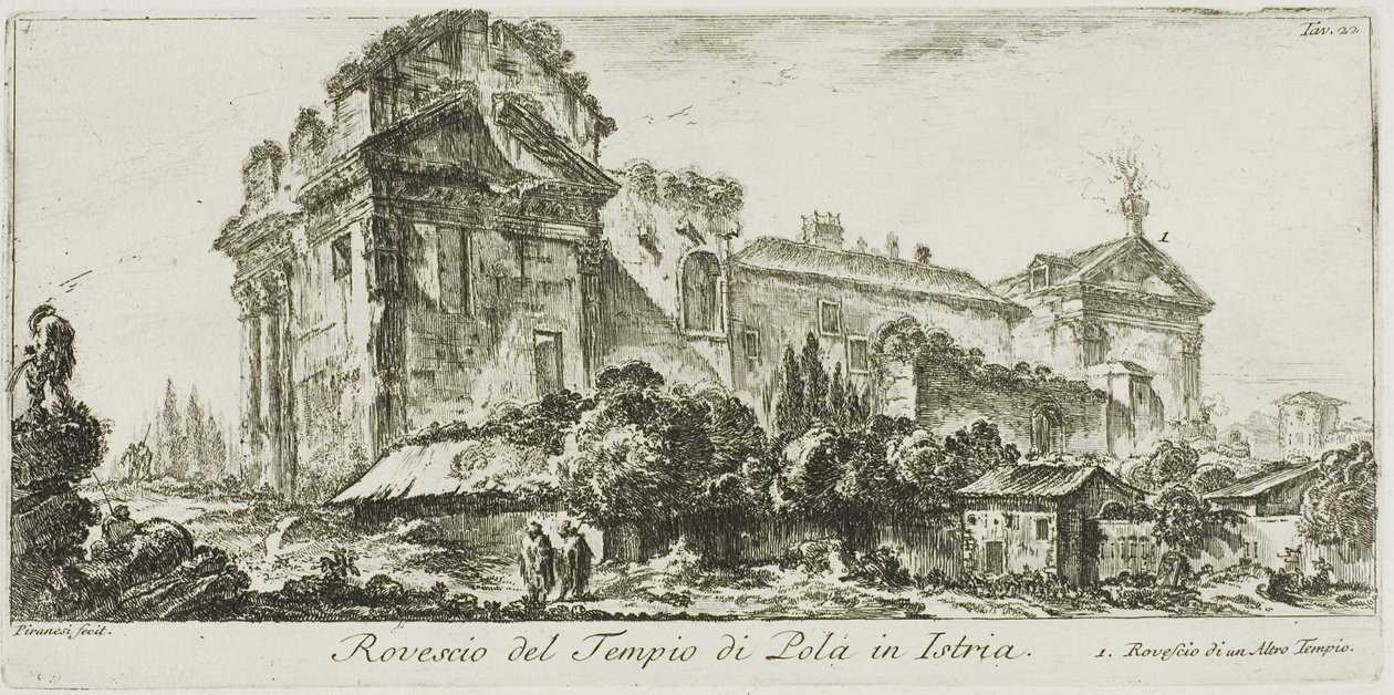 Utsikt bakfra av Pola-tempelet i Istria. 1. Sett bakfra av et annet tempel, plate 22 fra noen utsikter over triumfbuer og andre monumenter av Giovanni Battista Piranesi