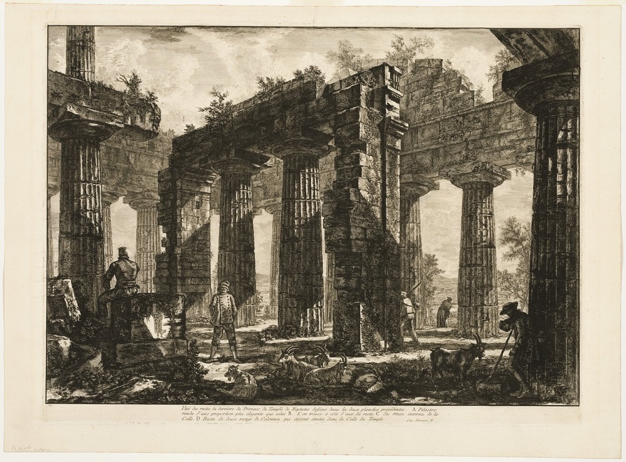 Sett bakfra av restene av pronaos av Temple of Neptun, tegnet i de to foregående platene, fra forskjellige utsikter over Paestum av Giovanni Battista Piranesi